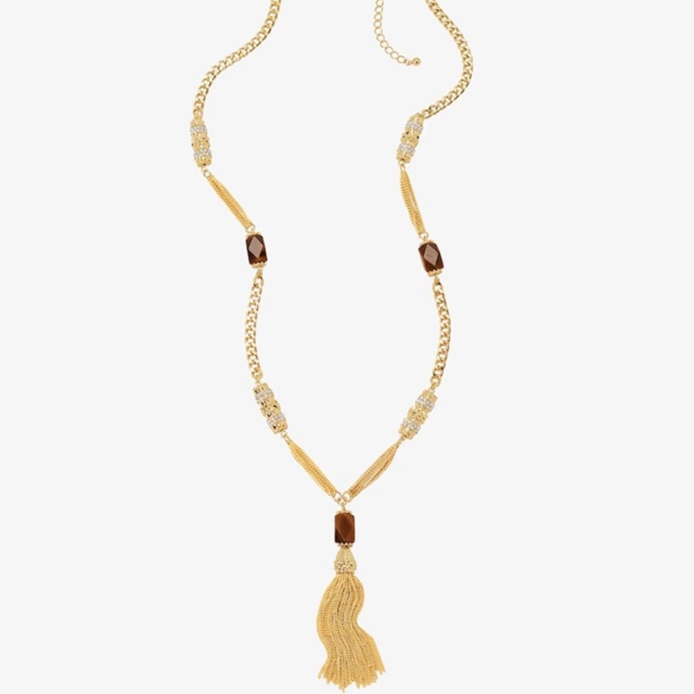 WHBM Tiger Eye & Tassel Pendant Long Necklace